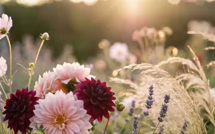 A dusk garden of dahlias, cosmos and lavender in low golden light